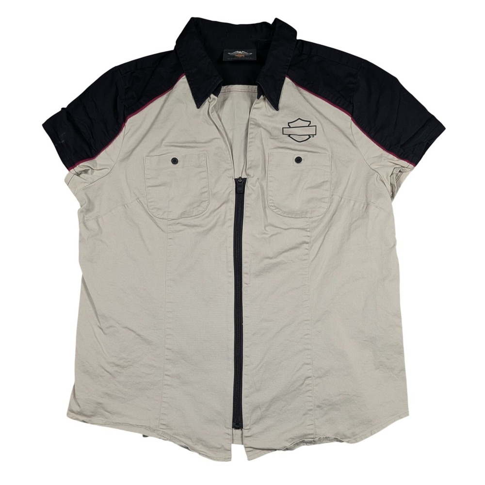 Harley-Davidson Zip Up Shirt Womens XL Tan Black Short Sleeve Biker Moto Graphic
